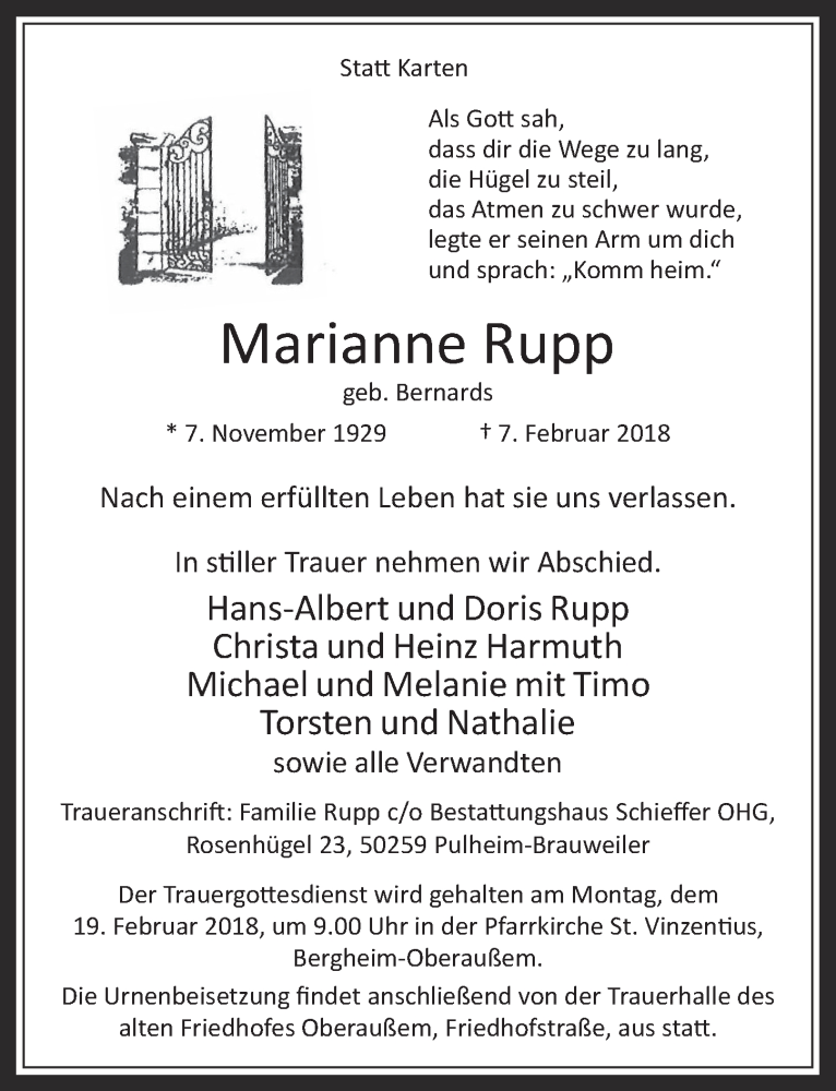  Traueranzeige für Marianne Rupp vom 14.02.2018 aus  Werbepost 