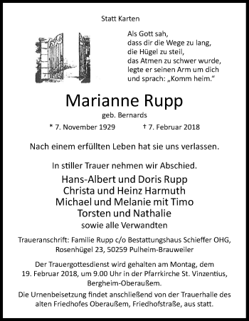 Anzeige von Marianne Rupp von Kölner Stadt-Anzeiger / Kölnische Rundschau / Express
