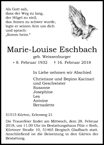 Anzeige von Marie-Louise Eschenbach von Kölner Stadt-Anzeiger / Kölnische Rundschau / Express