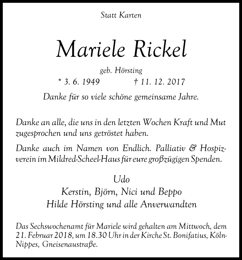  Traueranzeige für Mariele Rickel vom 17.02.2018 aus Kölner Stadt-Anzeiger / Kölnische Rundschau / Express