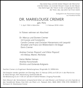 Anzeige von Marielouise Cremer von Kölner Stadt-Anzeiger / Kölnische Rundschau / Express