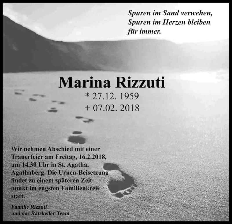  Traueranzeige für Marina Rizzuti vom 15.02.2018 aus Kölner Stadt-Anzeiger / Kölnische Rundschau / Express