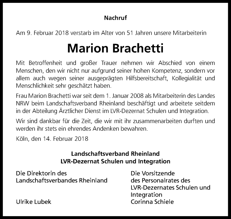  Traueranzeige für Marion Brachetti vom 24.02.2018 aus Kölner Stadt-Anzeiger / Kölnische Rundschau / Express