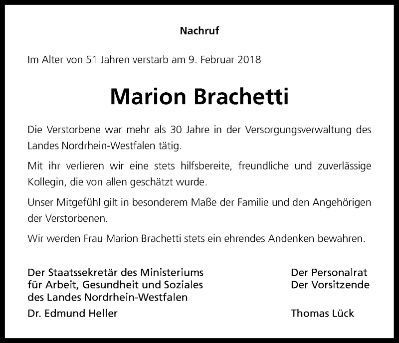  Traueranzeige für Marion Brachetti vom 01.03.2018 aus Kölner Stadt-Anzeiger / Kölnische Rundschau / Express