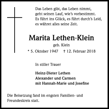 Anzeige von Marita Lethen-Klein von Kölner Stadt-Anzeiger / Kölnische Rundschau / Express