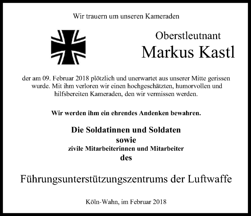  Traueranzeige für Markus Kastl vom 15.02.2018 aus Kölner Stadt-Anzeiger / Kölnische Rundschau / Express
