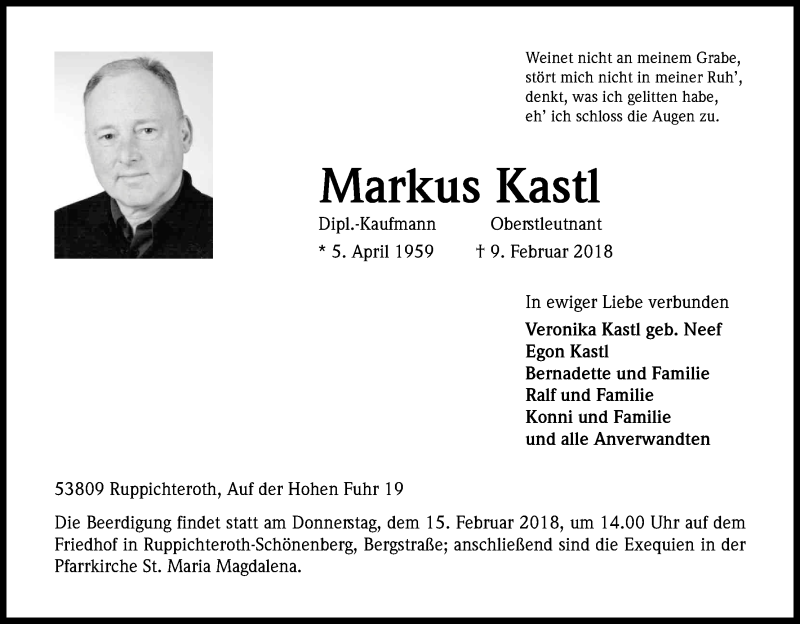  Traueranzeige für Markus Kastl vom 13.02.2018 aus Kölner Stadt-Anzeiger / Kölnische Rundschau / Express