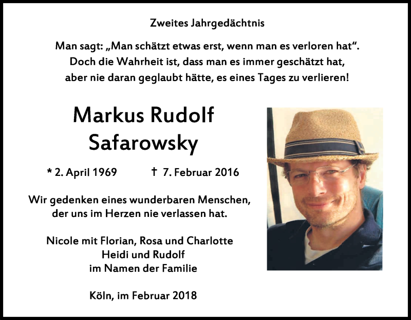  Traueranzeige für Markus Rudolf Safarowsky vom 07.02.2018 aus Kölner Stadt-Anzeiger / Kölnische Rundschau / Express