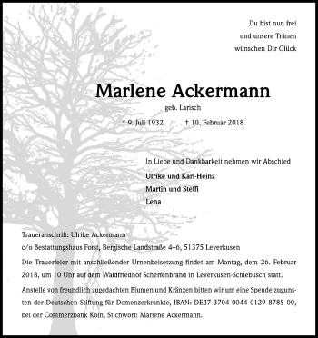 Anzeige von Marlene Ackermann von Kölner Stadt-Anzeiger / Kölnische Rundschau / Express