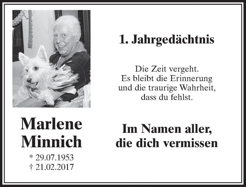  Traueranzeige für Marlene Minnich vom 28.02.2018 aus  Schlossbote/Werbekurier 