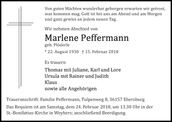 Anzeige von Marlene Peffermann von Kölner Stadt-Anzeiger / Kölnische Rundschau / Express