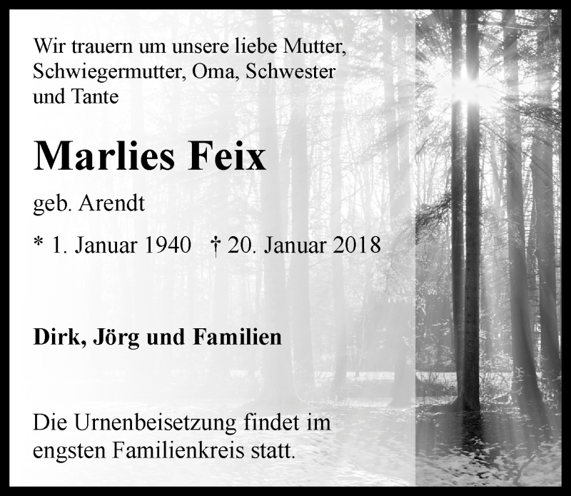  Traueranzeige für Marlies Feix vom 31.01.2018 aus  Kölner Wochenspiegel 
