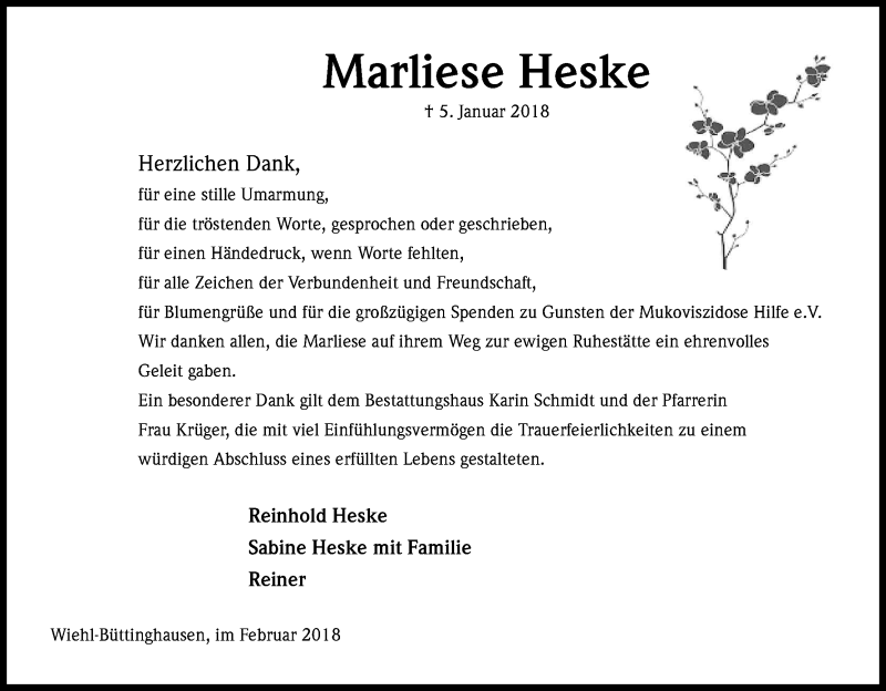  Traueranzeige für Marliese Heske vom 24.02.2018 aus Kölner Stadt-Anzeiger / Kölnische Rundschau / Express