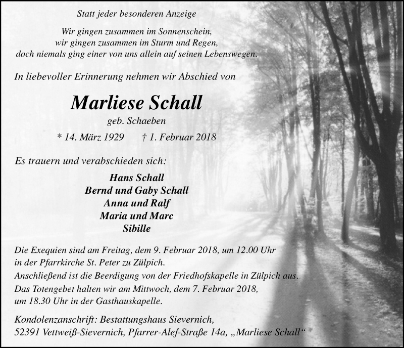  Traueranzeige für Marliese Schall vom 03.02.2018 aus  Blickpunkt Euskirchen 