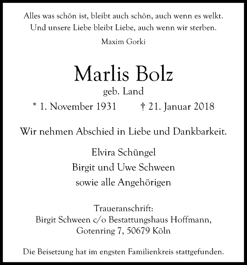  Traueranzeige für Marlis Bolz vom 03.02.2018 aus Kölner Stadt-Anzeiger / Kölnische Rundschau / Express