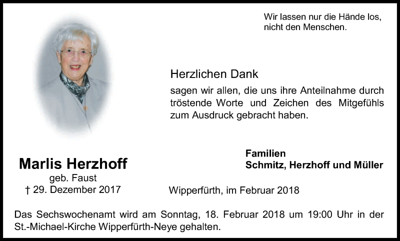  Traueranzeige für Marlis Herzhoff vom 16.02.2018 aus Kölner Stadt-Anzeiger / Kölnische Rundschau / Express