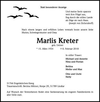 Anzeige von Marlis Kreter von Kölner Stadt-Anzeiger / Kölnische Rundschau / Express