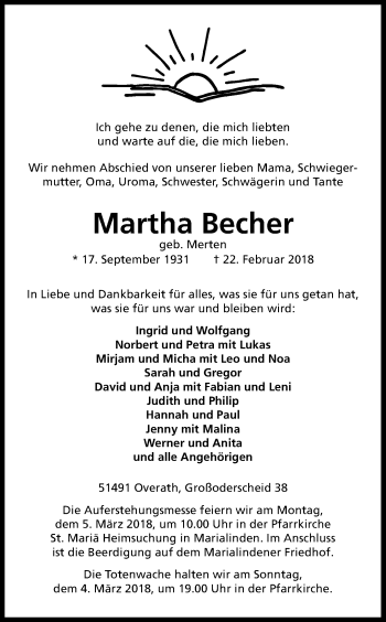 Anzeige von Martha Becher von Kölner Stadt-Anzeiger / Kölnische Rundschau / Express