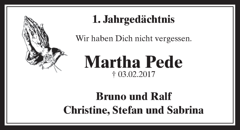  Traueranzeige für Martha Pede vom 14.02.2018 aus  Werbepost 