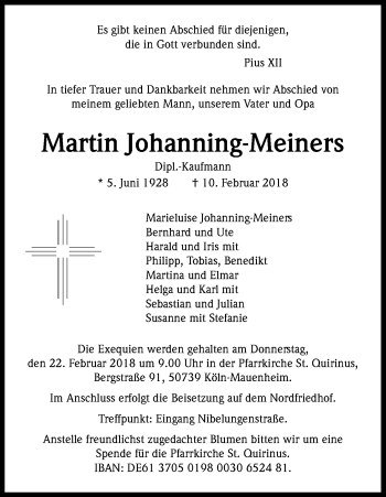 Anzeige von Martin Johanning-Meiners von Kölner Stadt-Anzeiger / Kölnische Rundschau / Express