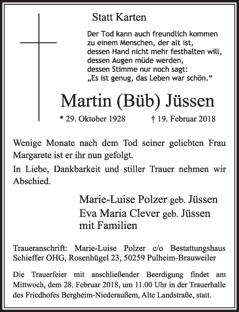 Traueranzeige für Martin Jüssen vom 24.02.2018 aus  Sonntags-Post 