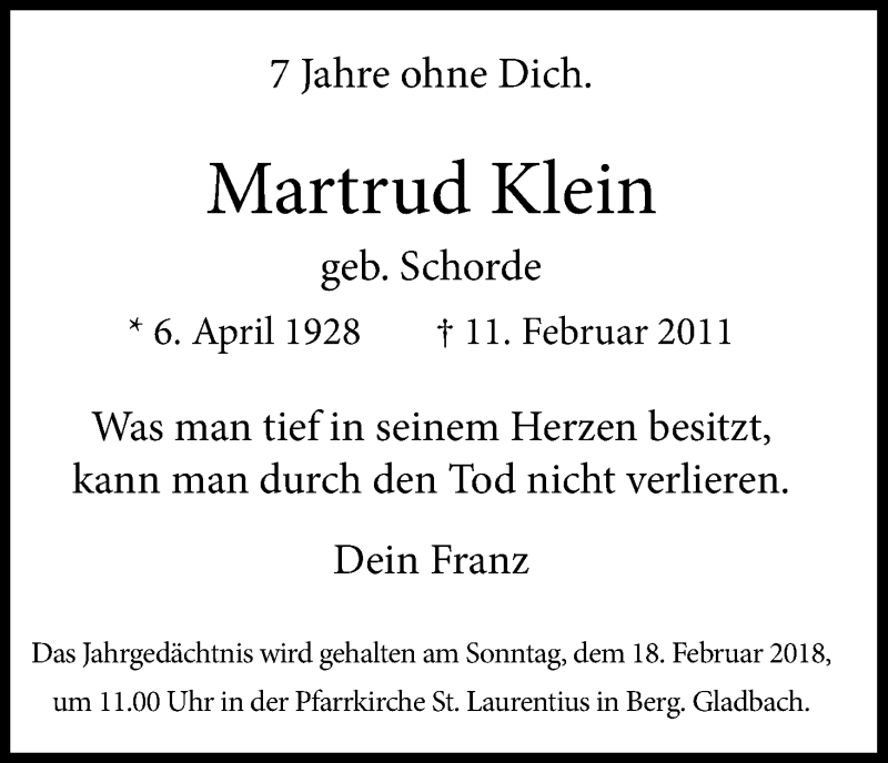  Traueranzeige für Martrud Klein vom 14.02.2018 aus Kölner Stadt-Anzeiger / Kölnische Rundschau / Express