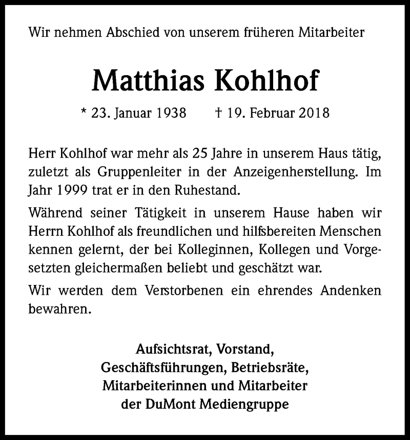  Traueranzeige für Mathias Kohlhof vom 24.02.2018 aus Kölner Stadt-Anzeiger / Kölnische Rundschau / Express