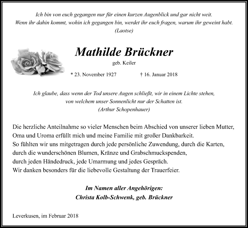  Traueranzeige für Mathilde Brückner vom 10.02.2018 aus Kölner Stadt-Anzeiger / Kölnische Rundschau / Express