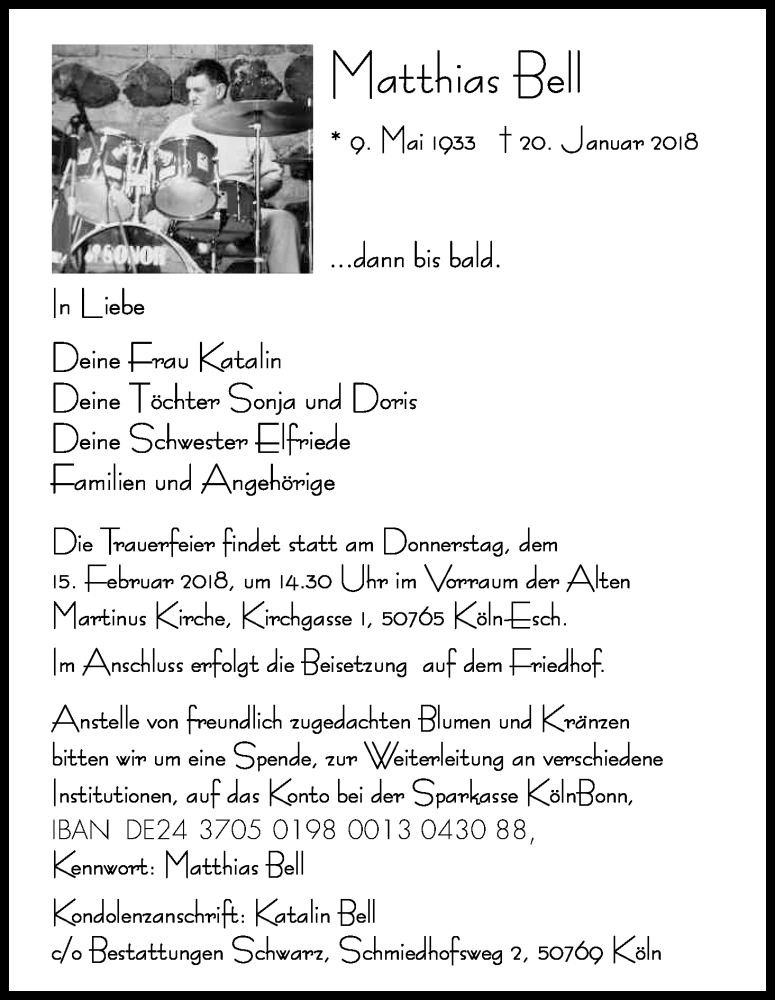  Traueranzeige für Matthias Bell vom 10.02.2018 aus Kölner Stadt-Anzeiger / Kölnische Rundschau / Express