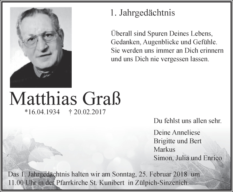  Traueranzeige für Matthias Graß vom 17.02.2018 aus  Blickpunkt Euskirchen 