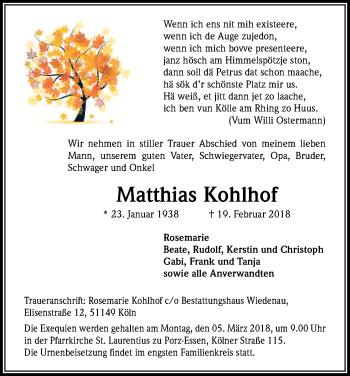 Anzeige von Matthias Kohlhof von Kölner Stadt-Anzeiger / Kölnische Rundschau / Express