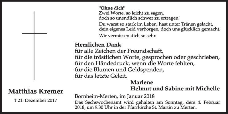  Traueranzeige für Matthias Kremer vom 31.01.2018 aus  Schlossbote/Werbekurier 