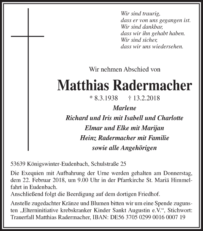  Traueranzeige für Matthias Radermacher vom 21.02.2018 aus  Extra Blatt 