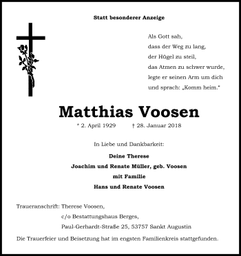 Anzeige von Matthias Voosen von Kölner Stadt-Anzeiger / Kölnische Rundschau / Express