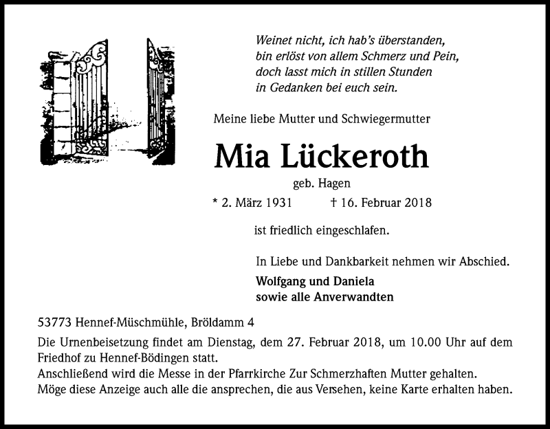  Traueranzeige für Mia Lückeroth vom 21.02.2018 aus Kölner Stadt-Anzeiger / Kölnische Rundschau / Express