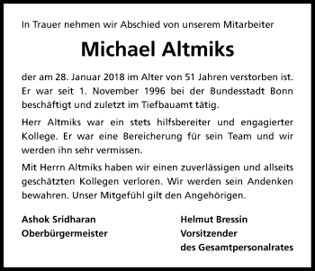 Anzeige von Michael Altmiks von Kölner Stadt-Anzeiger / Kölnische Rundschau / Express