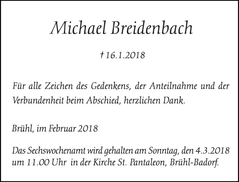 Traueranzeige für Michael Breidenbach vom 21.02.2018 aus  Schlossbote/Werbekurier 