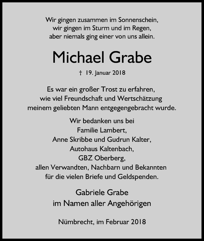  Traueranzeige für Michael Grabe vom 24.02.2018 aus Kölner Stadt-Anzeiger / Kölnische Rundschau / Express