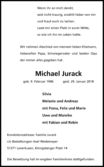 Anzeige von Michael Jurack von Kölner Stadt-Anzeiger / Kölnische Rundschau / Express