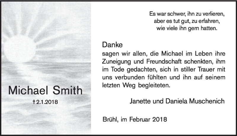  Traueranzeige für Michael Smith vom 28.02.2018 aus  Schlossbote/Werbekurier 