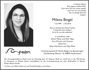 Anzeige von Milena Bingel von  Extra Blatt 