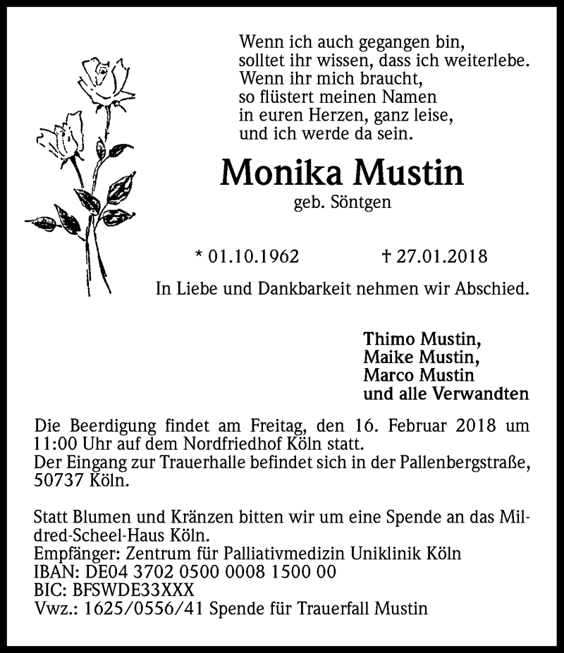  Traueranzeige für Monika Mustin vom 03.02.2018 aus Kölner Stadt-Anzeiger / Kölnische Rundschau / Express