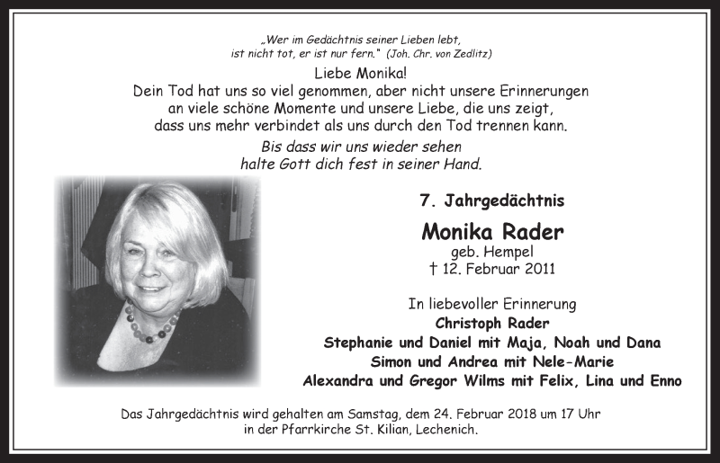  Traueranzeige für Monika Rader vom 07.02.2018 aus  Werbepost 