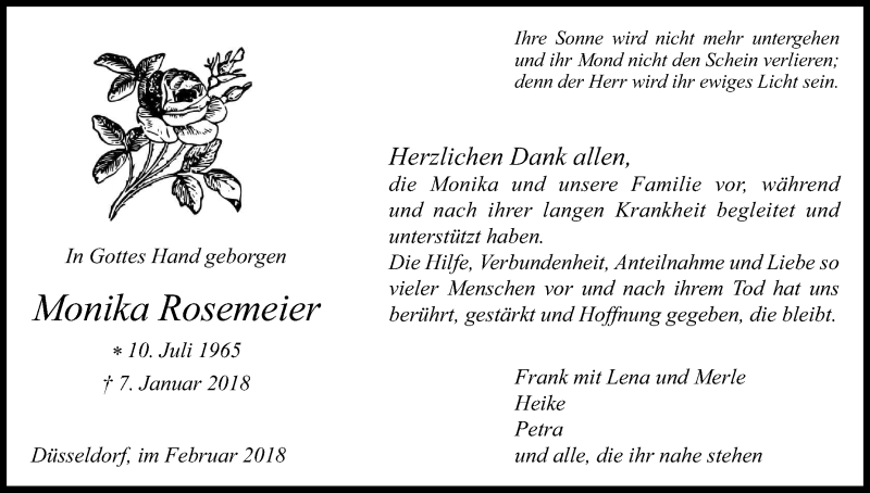  Traueranzeige für Monika Rosemeier vom 24.02.2018 aus Kölner Stadt-Anzeiger / Kölnische Rundschau / Express
