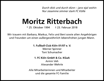 Anzeige von Moritz Ritterbach von Kölner Stadt-Anzeiger / Kölnische Rundschau / Express