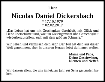 Anzeige von Nicolas Daniel Dickersbach von Kölner Stadt-Anzeiger / Kölnische Rundschau / Express