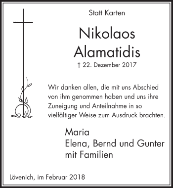 Anzeige von Nikolaos Alamatidis von  Kölner Wochenspiegel 