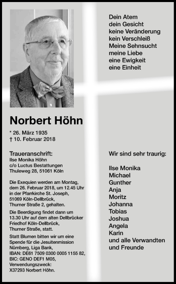 Anzeige von Norbert Höhn von Kölner Stadt-Anzeiger / Kölnische Rundschau / Express