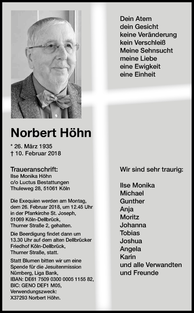  Traueranzeige für Norbert Höhn vom 17.02.2018 aus Kölner Stadt-Anzeiger / Kölnische Rundschau / Express