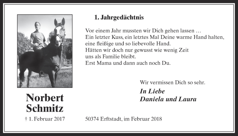  Traueranzeige für Norbert Schmitz vom 31.01.2018 aus  Werbepost 